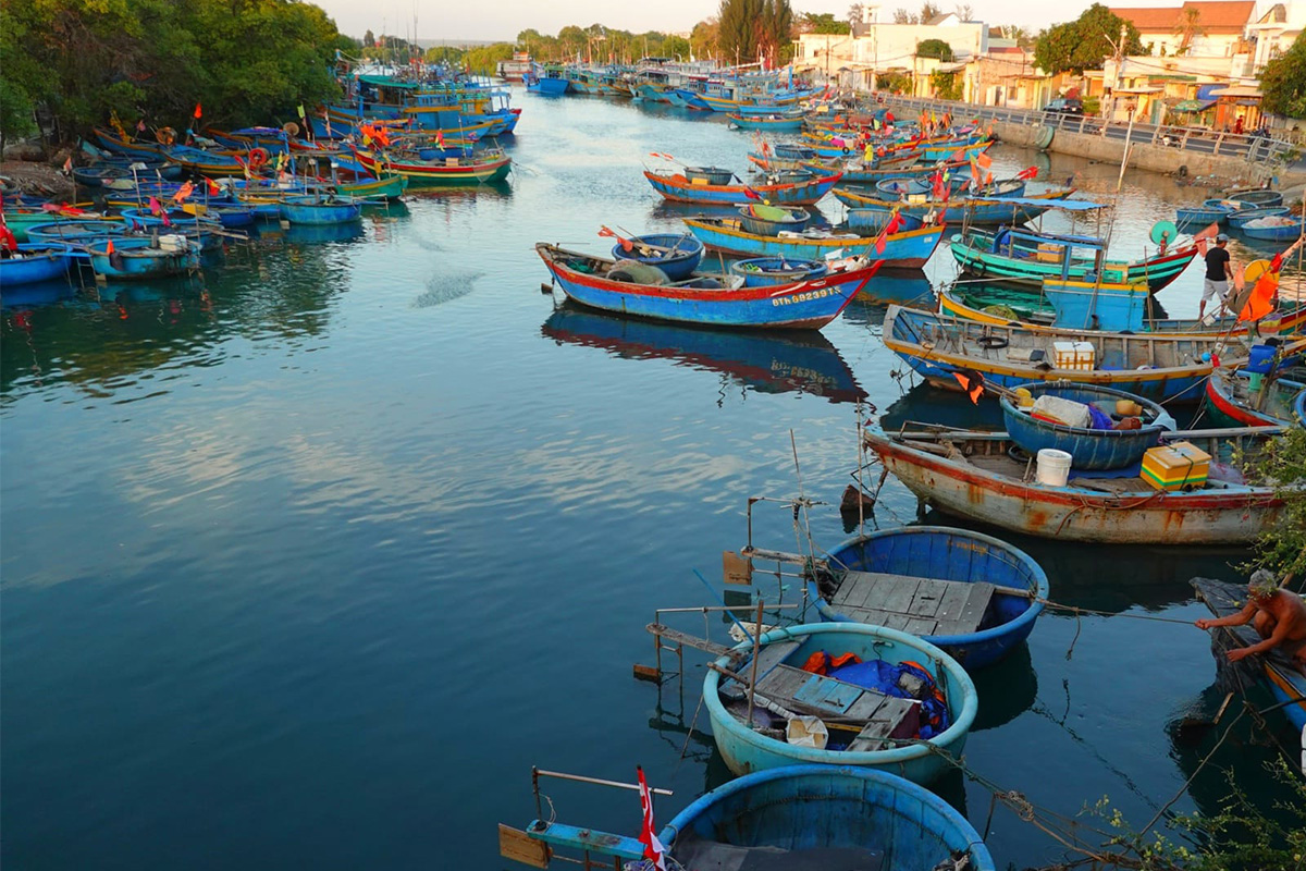 Colorful boats at a Harbour in Phan Thiet