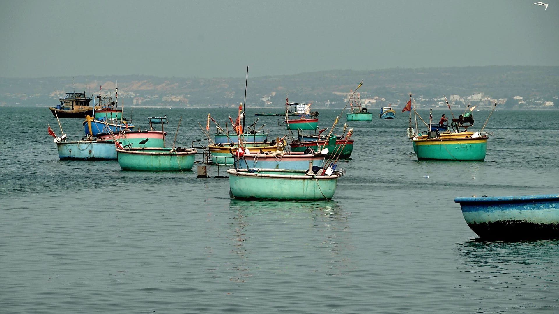 Green boats on water in Mui Ne Vietnam